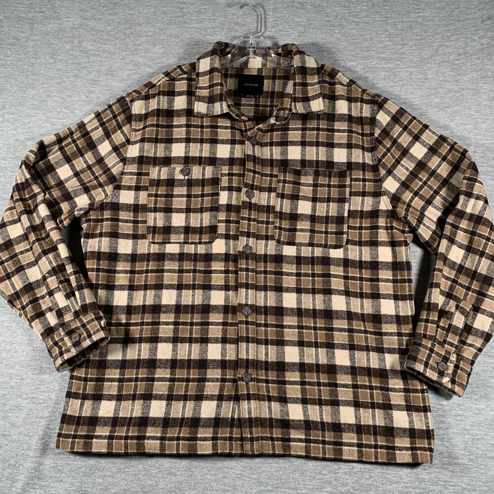 Cotton On Shirt Mens XL Brown Plaid Flannel Long Sleeve Button Front Casual